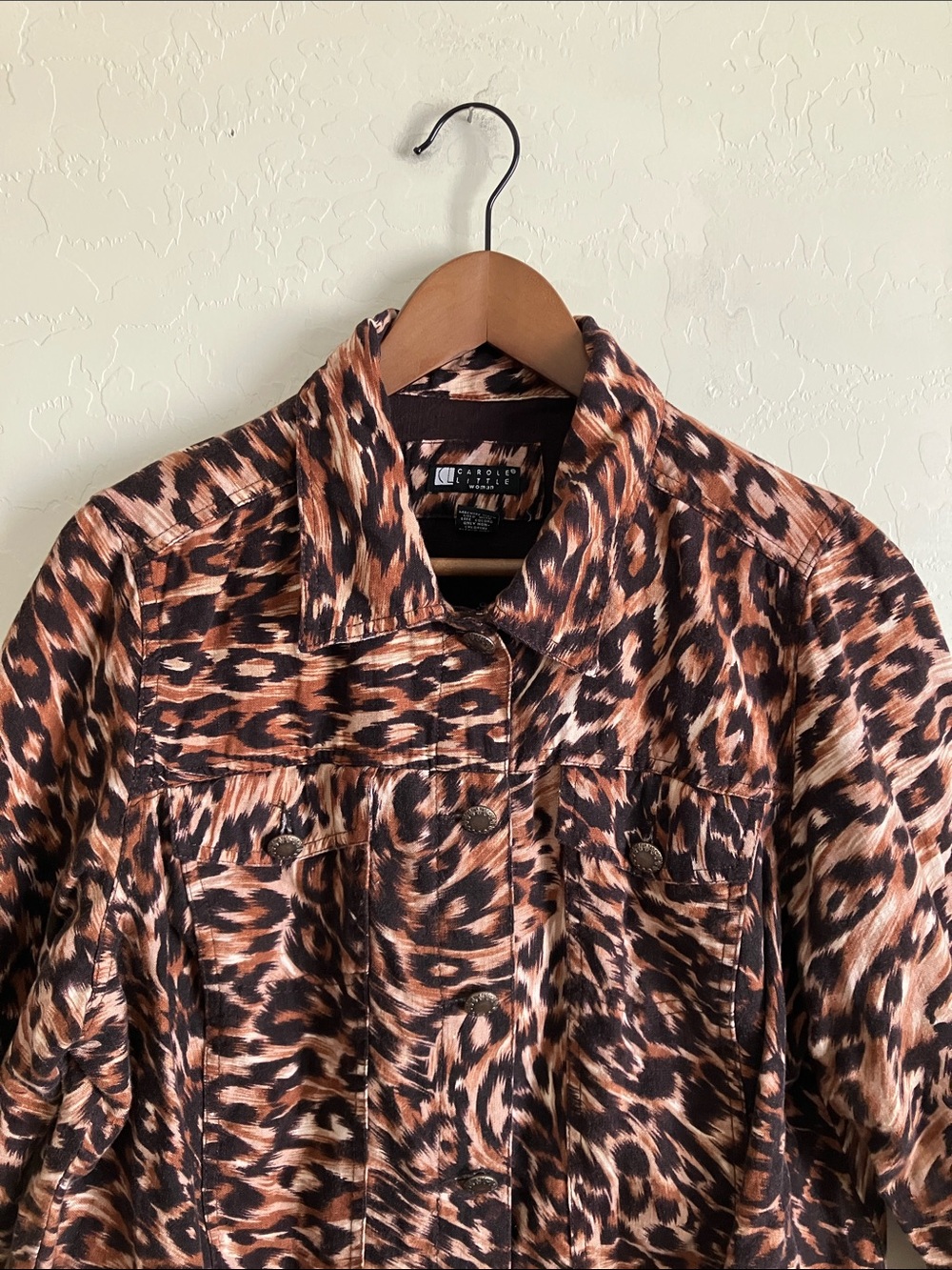 Carole Little Jacket Tan Black 100% Linen Crop Collared Animal Print Womens 1X